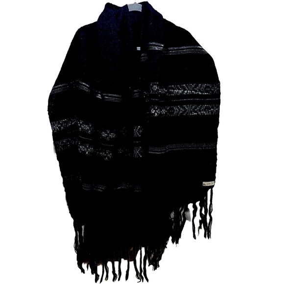 Vintage Shawl Wrap Scarf Long Fringe Serape Silver Thread Black 72x26 Boho Hippy - Picture 1 of 3